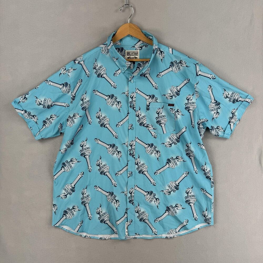 RSVLTS Shirt Mens 3XL Blue Statue Of Liberty Torch Short Sleeve Button Up
